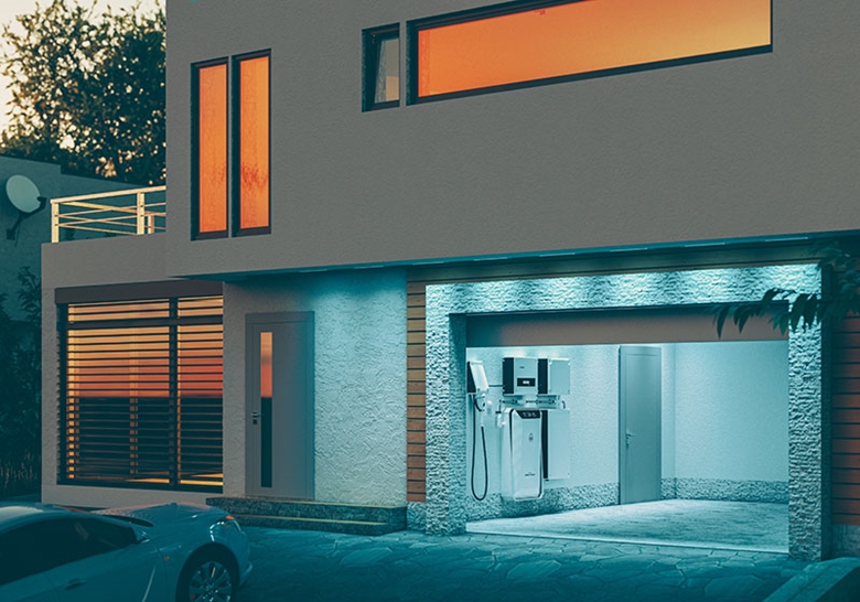 House with battery system in garage